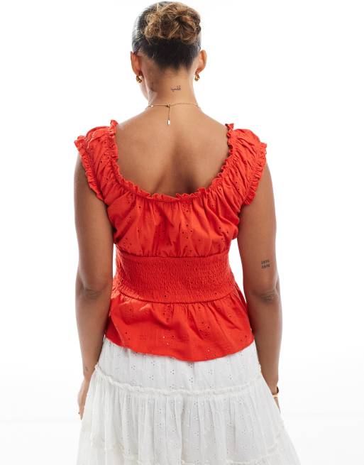 ASOS DESIGN broderie button up milkmaid top in red, 3 of 4