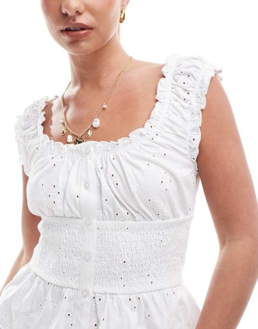 ASOS DESIGN broderie button-up milkmaid top in white