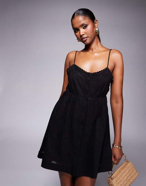 ASOS DESIGN broderie cami button through mini dress in black - view 1