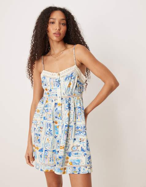 ASOS DESIGN broderie cami button through mini dress in blue postcard print - view 1
