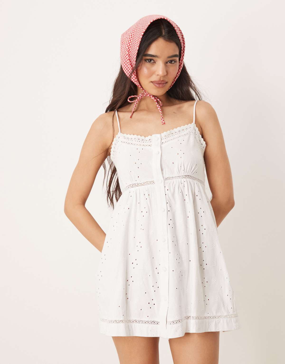 ASOS DESIGN broderie cami button through mini dress in white