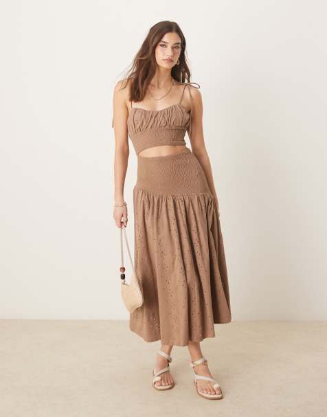 ASOS DESIGN broderie cami cut-out ruched waist midi dress in chocolate - view 1