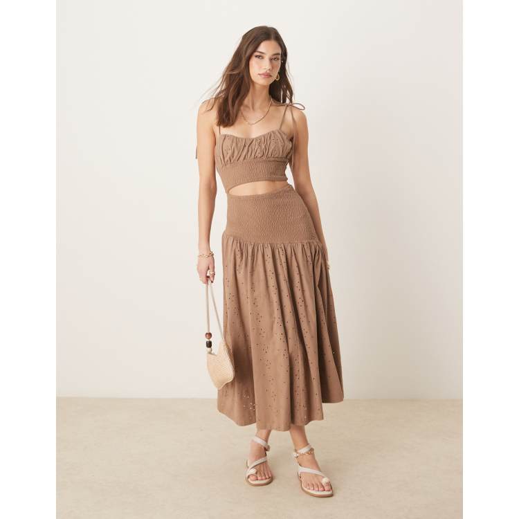 asos design broderie dress ASOS DESIGN broderie cami cut-out ruched waist midi dress in chocolate