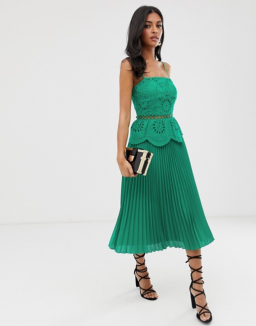 ASOS DESIGN broderie cami midi dress with pleated skirt