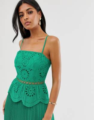 asos design broderie cami midi dress with pleated skirt