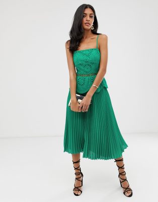 asos design broderie cami midi dress with pleated skirt