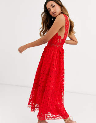 red formal midi dress