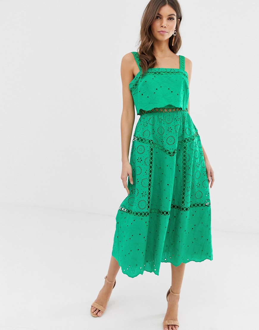 ASOS DESIGN broderie cami midi prom dress with lace inserts-Green