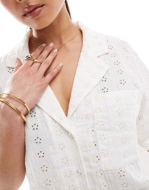 ASOS DESIGN broderie camp collar shirt in cream - part of a set, 3 of 4