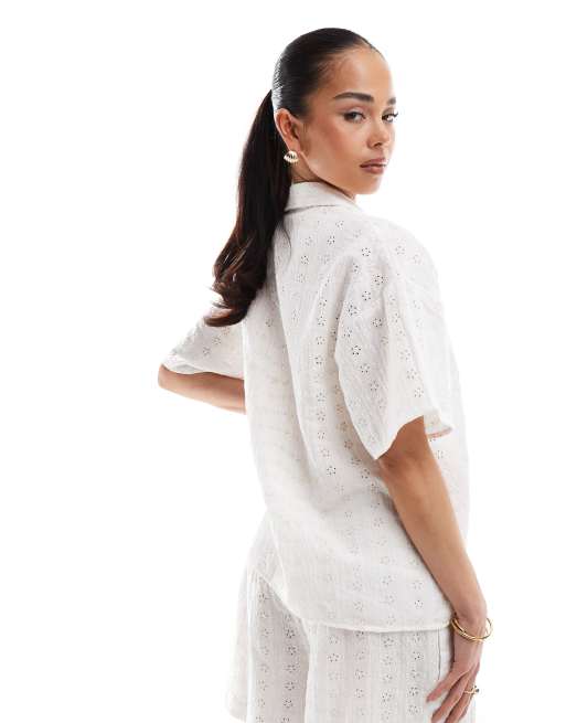 ASOS DESIGN broderie camp collar shirt in cream - part of a set, 4 of 4