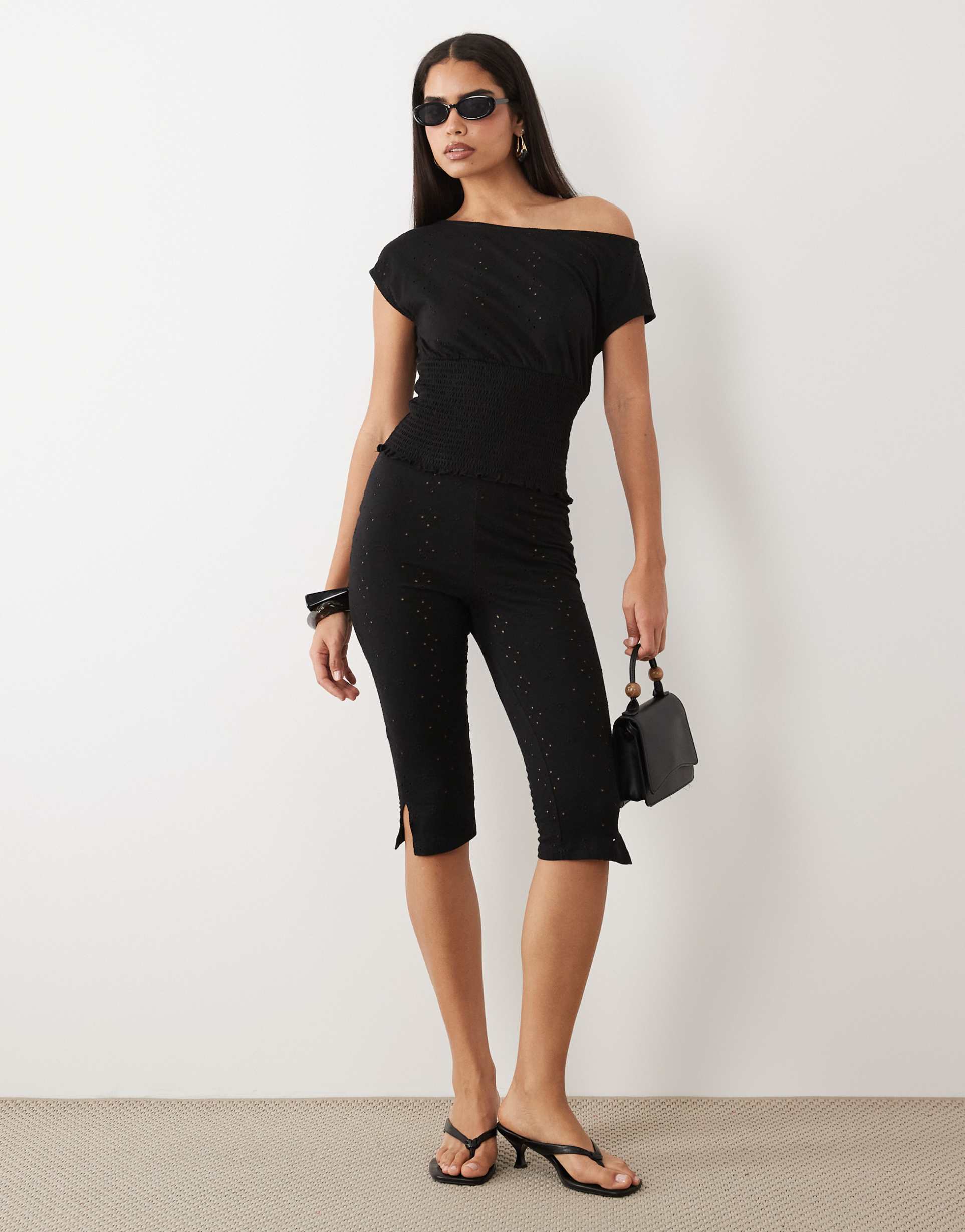 asos design broderie capri pants in black - part of a set