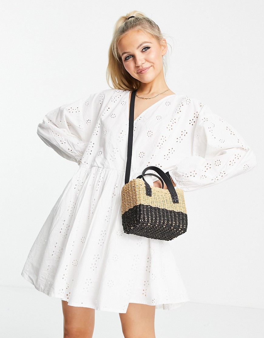 ASOS DESIGN broderie casual wrap front mini smock dress in white