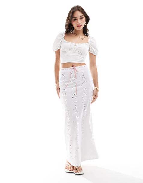ASOS DESIGN broderie column midi skirt with split in white - view 1