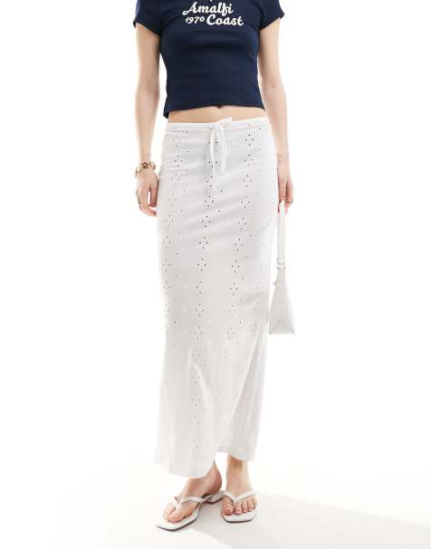 ASOS DESIGN broderie column skirt with tie detail in white - view 1