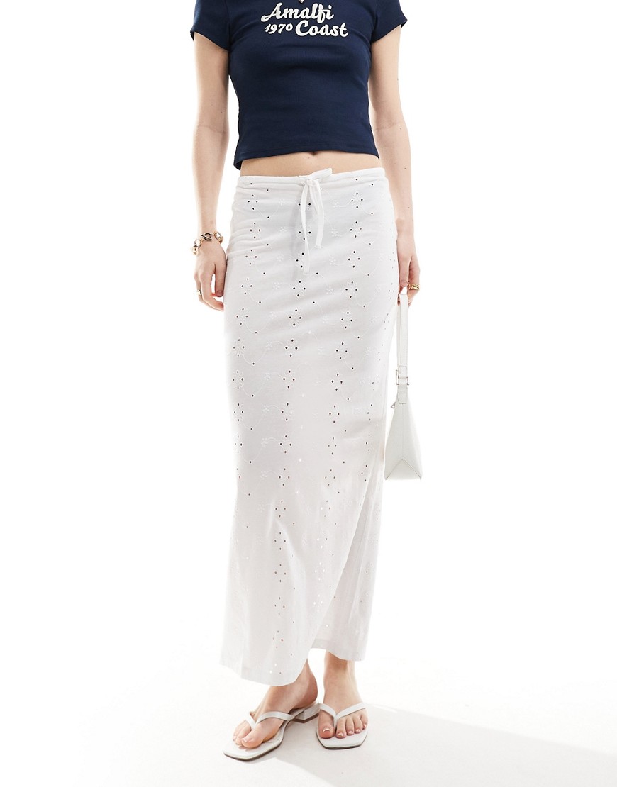 Asos Design Broderie Column Skirt With Tie Detail In White