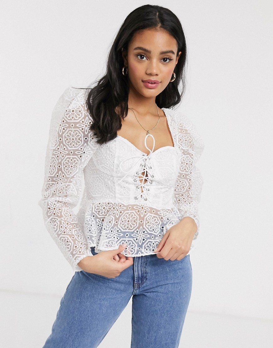 ASOS DESIGN broderie corset top with lace up front-White