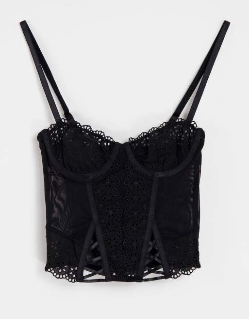 ASOS DESIGN broderie corset with lace up in black