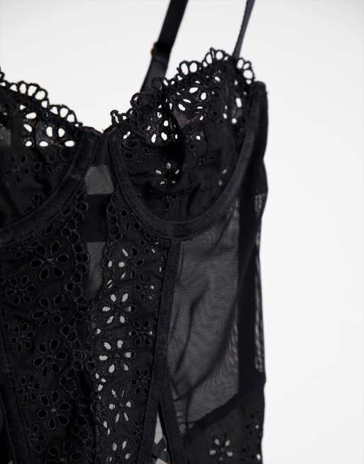 ASOS DESIGN broderie corset with lace up in black, 3 of 4