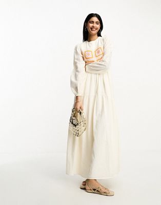 ASOS DESIGN broderie/crochet bodice maxi dress with long puff sleeves in cream
