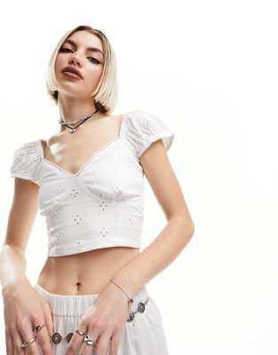 Asos Design Broderie Cupped Puff Sleeve Sun Top In White