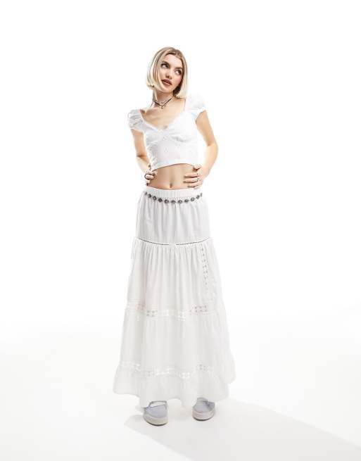 Amur - White Cotton Asymmetric Draped Puffed Sleeve Crop Top Sz S