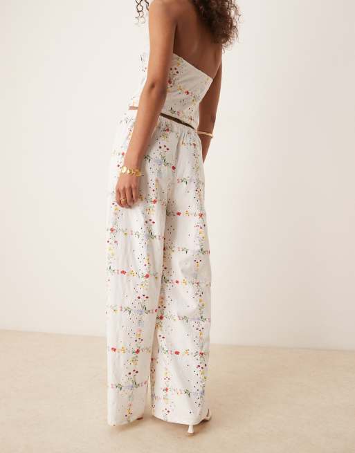 ASOS DESIGN broderie drawcord straight pants in floral square print, 3 of 5