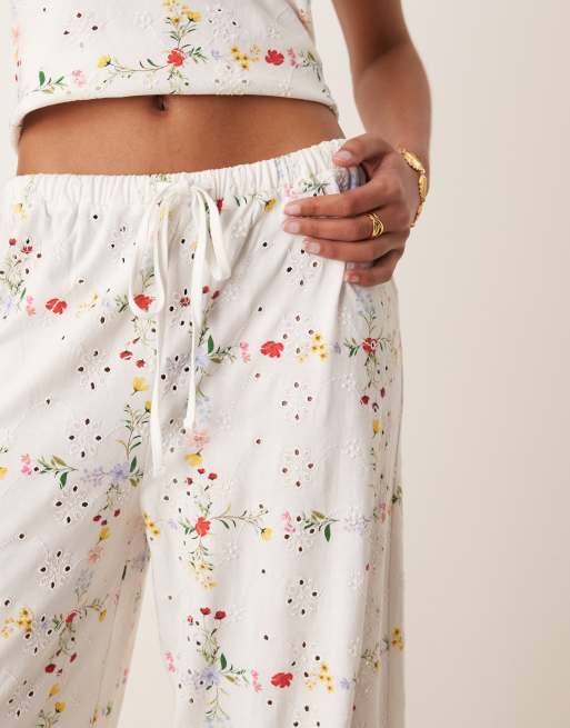 ASOS DESIGN broderie drawcord straight pants in floral square print, 5 of 5
