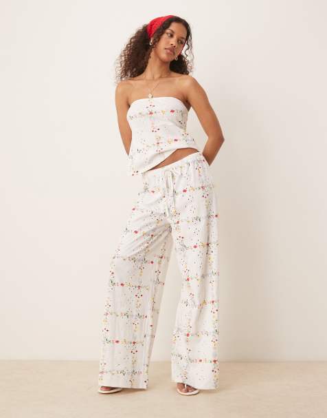 ASOS DESIGN broderie drawcord straight trousers in floral square print