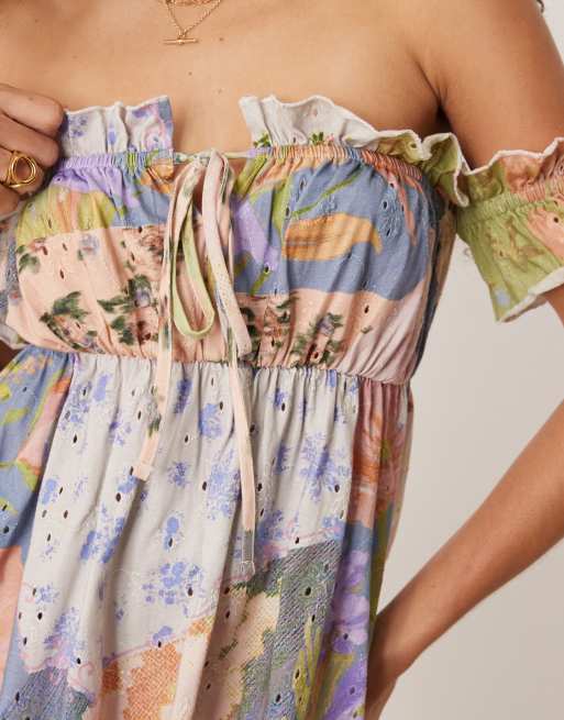 ASOS DESIGN broderie frill bardot mini dress in patchwork ditsy print, 2 of 4
