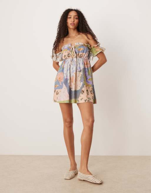 ASOS DESIGN broderie frill bardot mini dress in patchwork ditsy print, 3 of 4