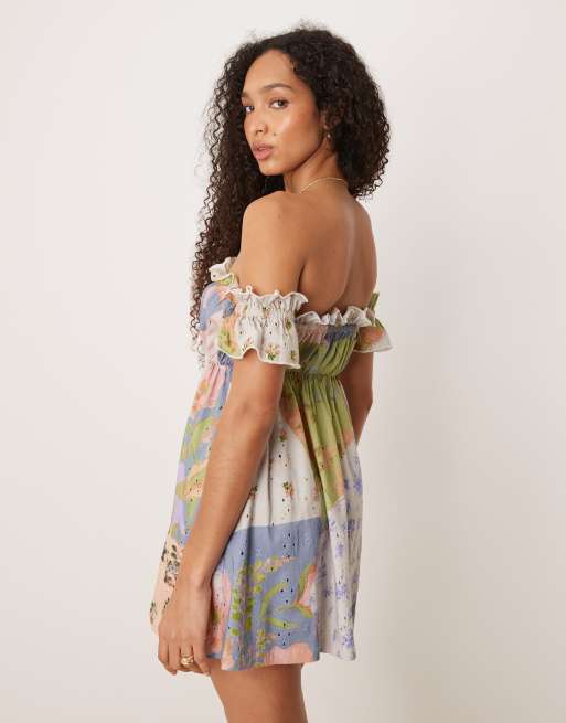 ASOS DESIGN broderie frill bardot mini dress in patchwork ditsy print, 4 of 4