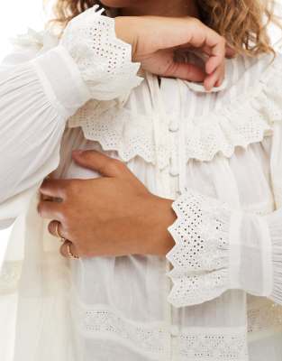 Asos Design Broderie Frill Detail Shirt With Lace Inserts In White