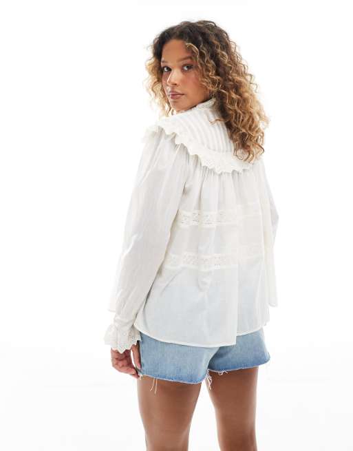 ASOS DESIGN broderie frill detail shirt with lace inserts in cream, 3 of 4