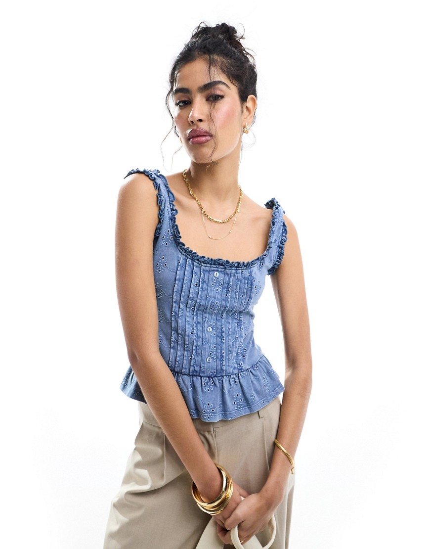 Asos Design Broderie Frill Hem Button Down Tank Top In Washed Blue