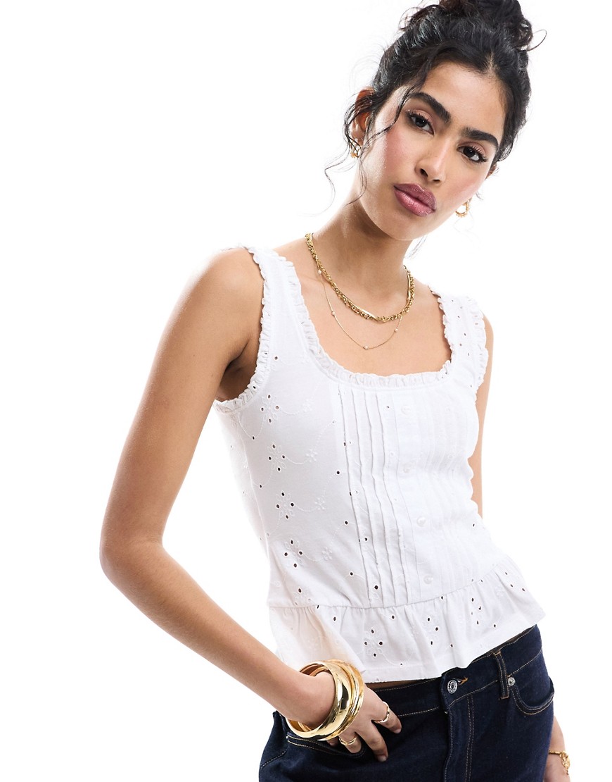 Asos Design Broderie Frill Hem Button Down Tank Top In White