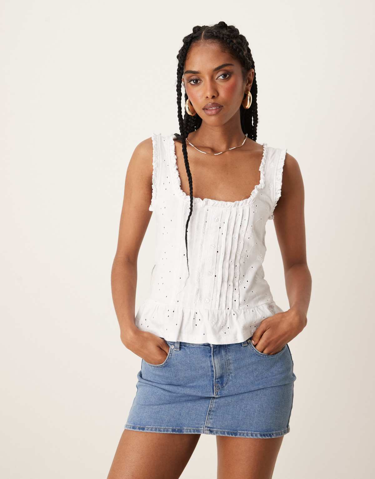 ASOS DESIGN broderie frill hem button down vest in white