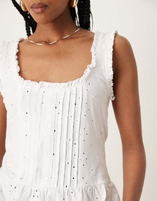 ASOS DESIGN broderie frill hem button down tank top in white