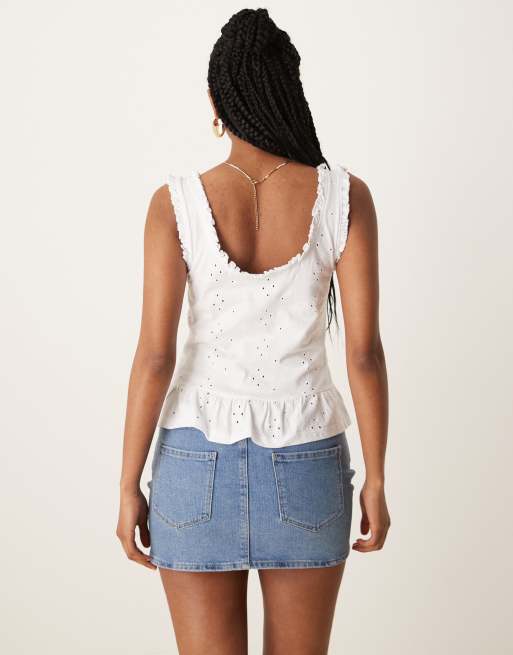 ASOS DESIGN broderie frill hem button down tank top in white