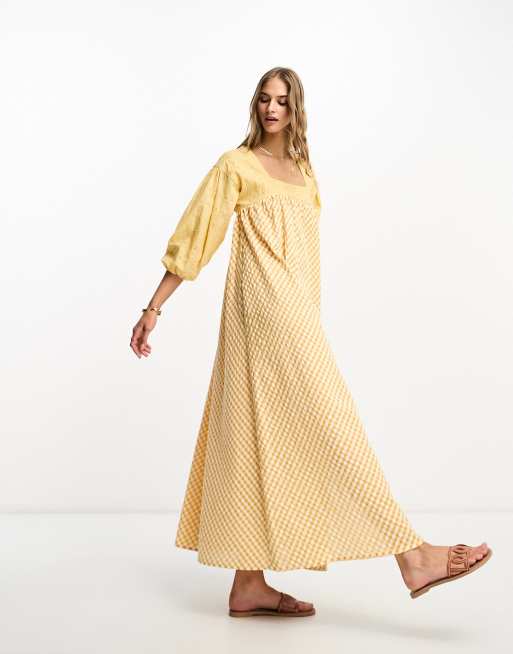 ASOS DESIGN broderie gingham mix midi dress in yellow