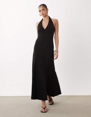 Asos Design Broderie Halter Midi Dress In Black