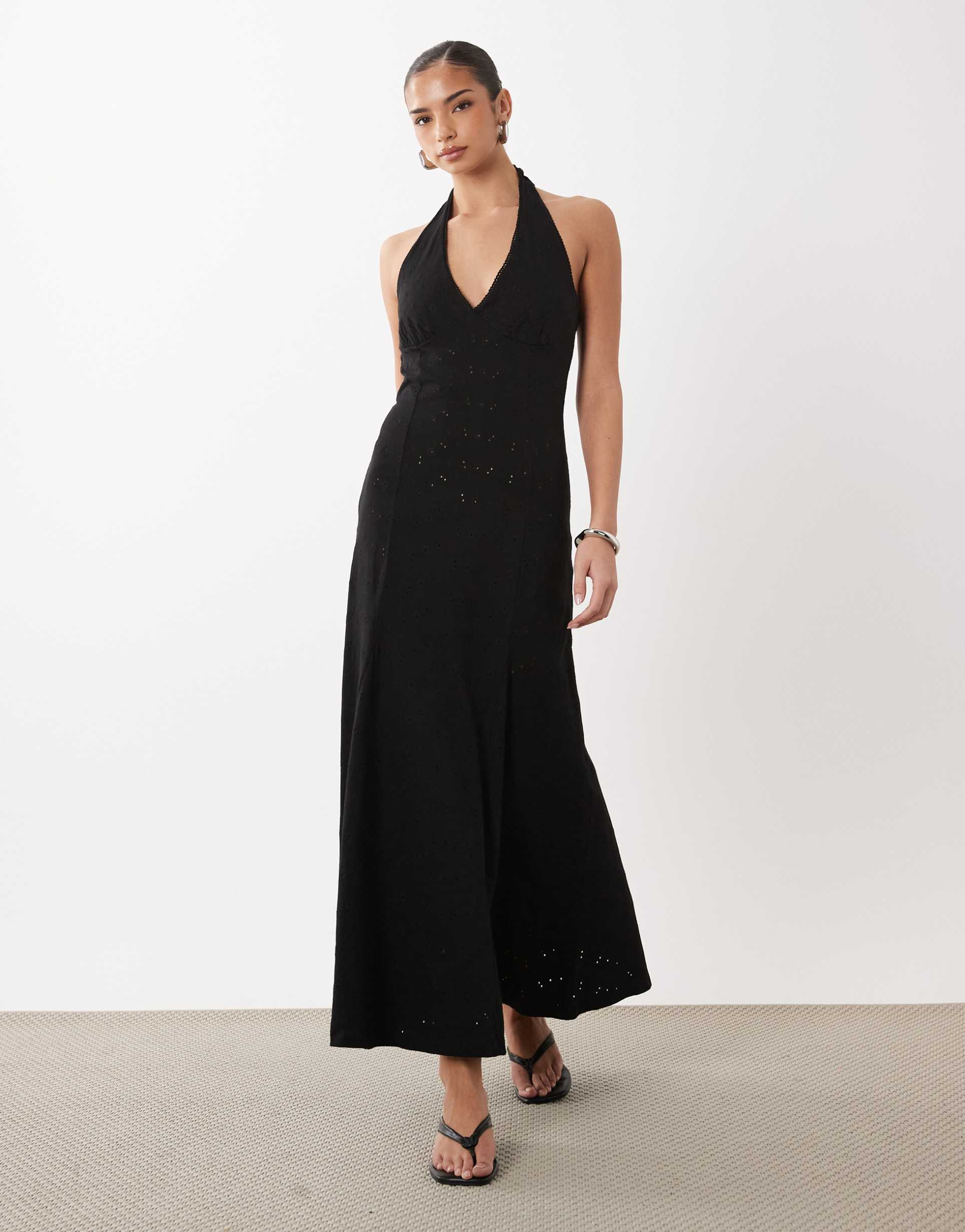 asos design broderie halter midi dress in black