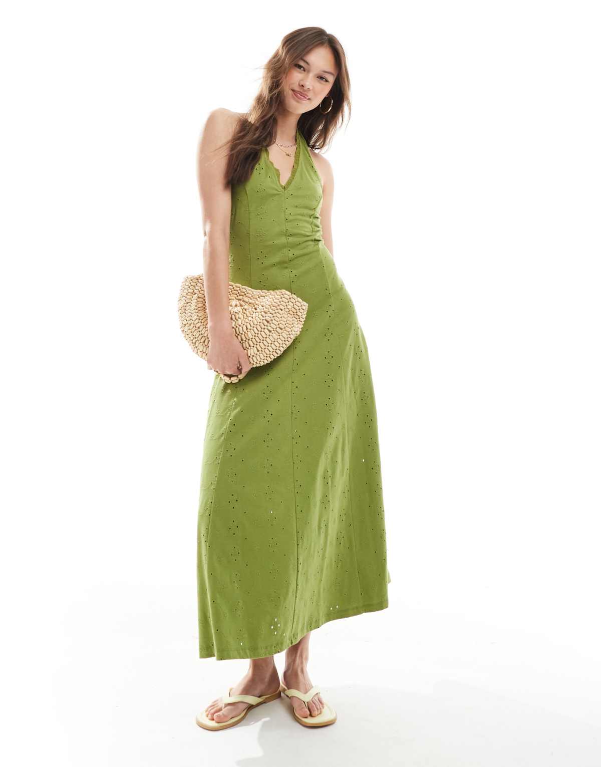ASOS DESIGN broderie halter midi dress in olive