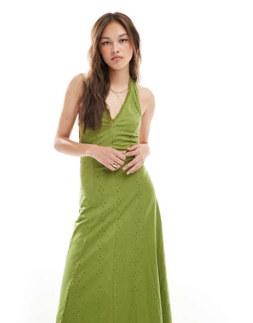 ASOS DESIGN broderie halter midi dress in olive