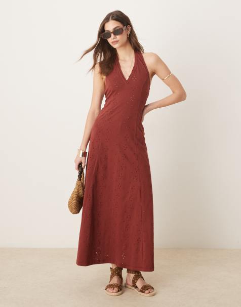 ASOS DESIGN broderie halter midi dress in rust - view 1