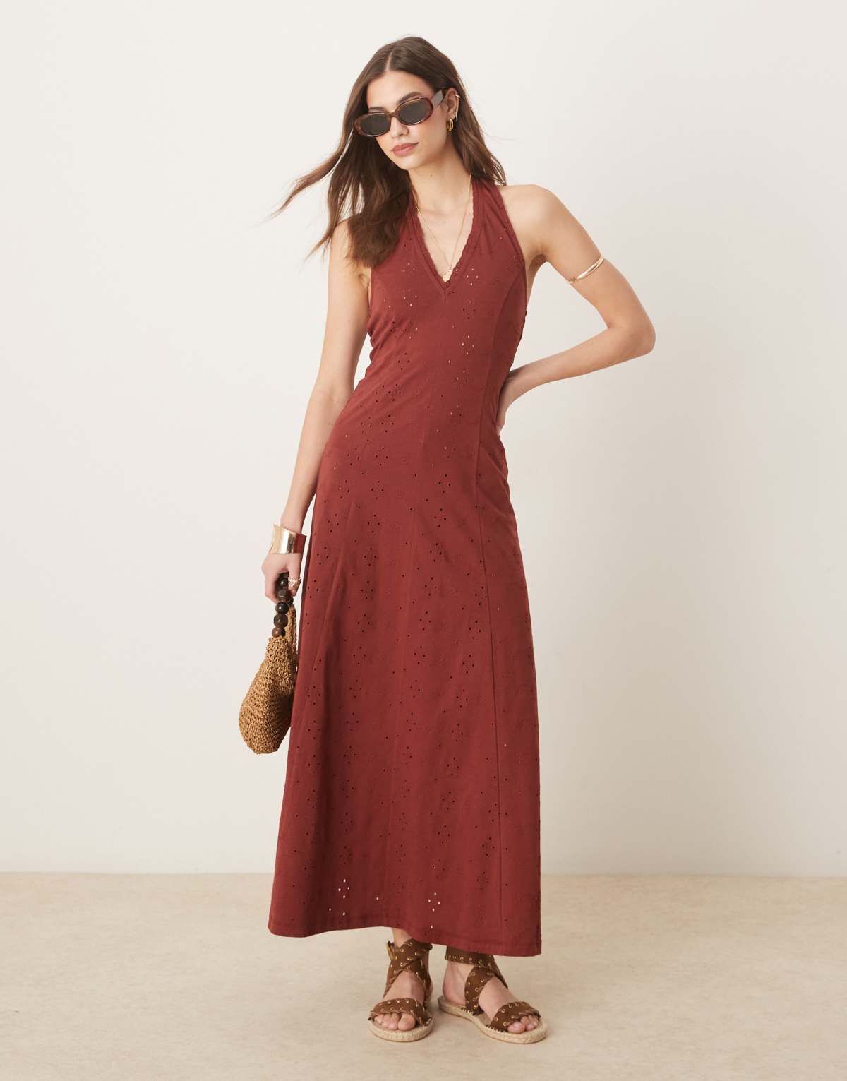 ASOS DESIGN broderie halter midi dress in rust