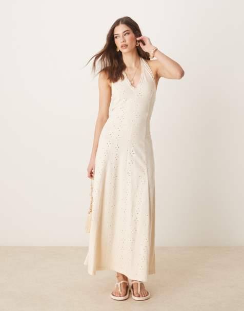ASOS DESIGN broderie halter midi dress in stone - view 1