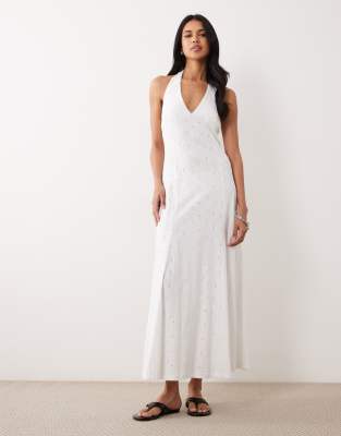 ASOS DESIGN broderie halter midi dress in white