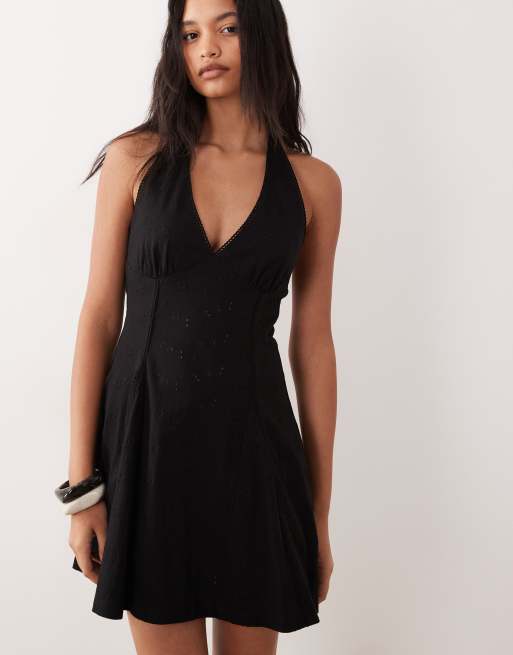 ASOS DESIGN broderie halter mini dress in black, 2 of 4