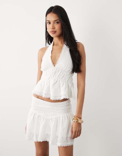 ASOS DESIGN broderie halter neck top with lace trim in white, 4 of 4