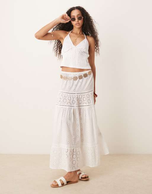 ASOS DESIGN broderie halterneck top with pleat detail in white, 3 of 4